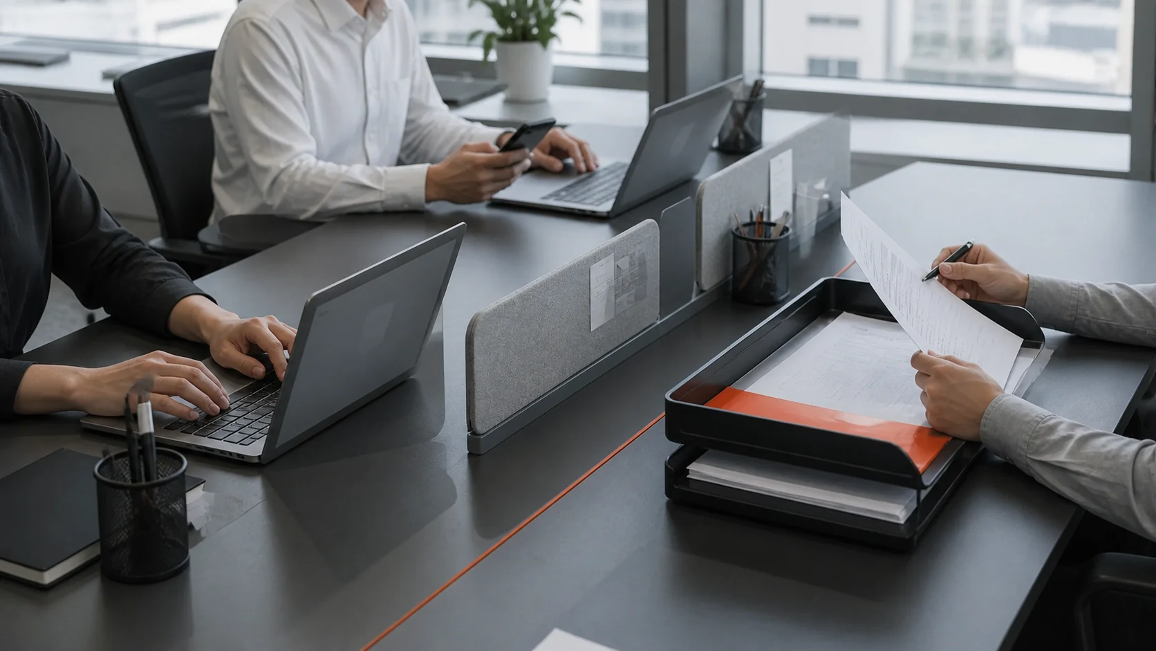 A customer enquiry moving between people, documents and software in a business office