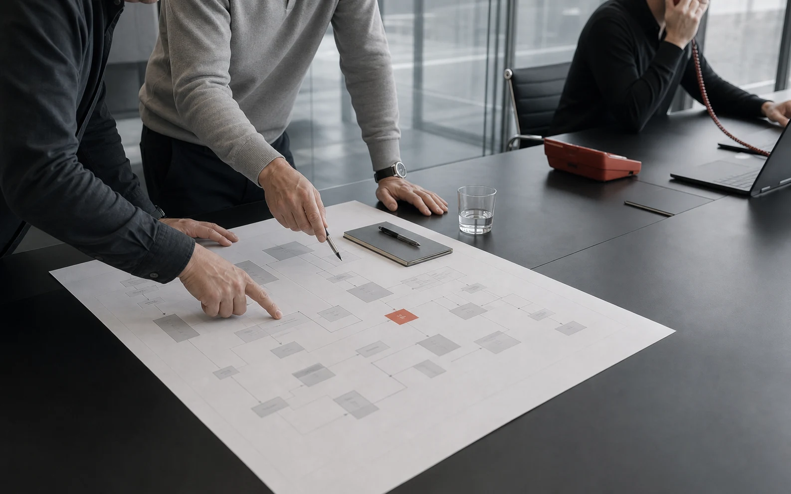 Business operators reviewing a demand journey while a colleague handles a call