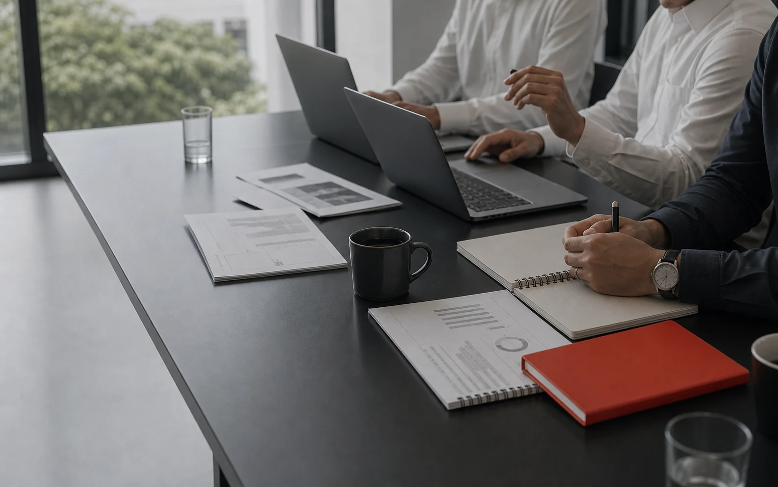 Business leaders working together with laptops and documents in a bright meeting room